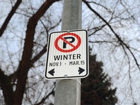 Nathan Van Driel was surprised to see a “No Parking” sign appear outside his home in west Edmonton. The parking ban goes into effect in four trial neighbourhoods from Nov. 1 to March 15.