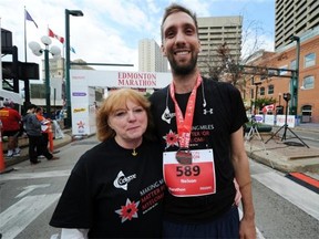 Nelson Wiebe with his aunt Ruth Klassen at the finish line of the Edmonton Marathon on Sunday