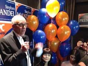 Stephen Mandel speaks to the crowd after being elected MLA for Edmonton-Whitemud on Oct. 27, 2014.