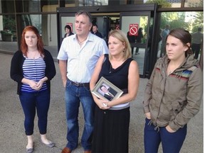 Family of Kenzie Beaton stand outside the court after Cody Jensen, 23, was sentenced to four years in his manslaughter death. Jensen stabbed Beaton during a fight in the early morning of Jan. 28, 2012, at the Tonquin Inn in Jasper.