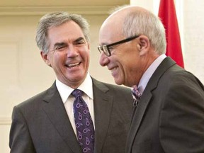 Jim Prentice has a laugh with newly appointed Health Minister and former Edmonton Mayor Stephen Mandel.
