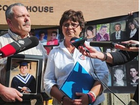 Robert and Sheri Arsenault outside the Wetaskiwin courthouse after Johnathan Pratt was sentenced to eight years for killing their son Bradley, and two others, in a car crash.