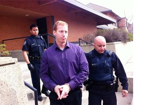 Travis Edward Vader leaves the Edson courthouse on May, 15, 2012, after making an appearance on two counts of first-degree murder in the disappearances of Marie and Lyle McCann.