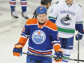 Nikita Nikitin of the Edmonton Oilers skates against the Vancouver Canucks during their NHL game at Rexall Place in Edmonton on Friday, Oct. 17, 2014.