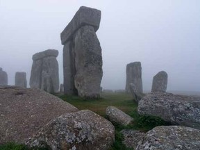 An undated photo made available by the University of Birmingham, England, of Stonehenge where a hidden complex of archaeological monuments has been uncovered using hi-tech methods of scanning below the Earth's surface.