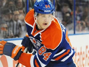 Oscar Klefbom of the Edmonton Oilers against the San Jose Sharks at Rexall Place in March 2014.