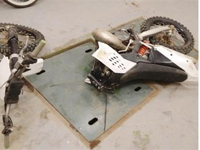 Police photo of dirt bike involved in Sylvan Lake collision Saturday morning.