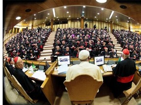 Pope Francis chairs an extraordinary synod of nearly 200 senior clerics, none of them women, at the Vatican earlier this month.