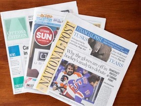 Postmedia newspapers, including the National Post and Ottawa Citizen, are shown with Quebecor Media’s Ottawa Sun. Postmedia Network announced it would purchase 175 of Quebecor’s English language newspapers, including the Toronto Sun and Ottawa Sun.