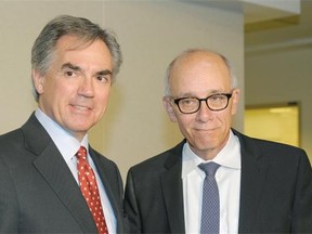 Premier Jim Prentice (left) and Health Minister Stephen Mandel: Voters in Edmonton-Whitemud will take into account their feelings about Mandel and about his boss, Prentice.