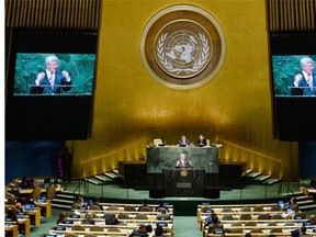 Prime Minister Stephen Harper addresses the 69th session of the United Nations General Assembly at UN headquarters in New York on Sept. 25.