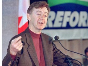 Reform Party leader Preston Manning addresses a partisan crowd at his constituency office in Calgary in 1997.