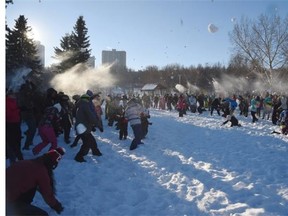 Robin Mazumber and Jeff Chase organized a crowdsourced snowball fight at Kinsmen Park.