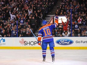 It was a night to celebrate for the fans of the Edmonton Oilers, led here by choirmaster Nail Yakupov.