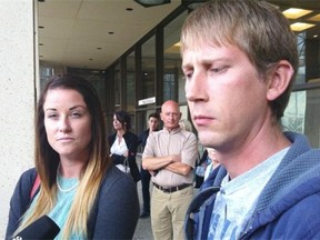 Kaila Eisel, the daughter of Curtis Dugray, and Colin Dugray, his nephew, speak outside the Edmonton Law Courts on Aug. 22, 2014, after Melvin Mitchell was convicted of Curtis Dugray’s murder.