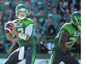 Saskatchewan quarterback Tino Sunseri looks to make a pass against the Ottawa Redblacks at Mosaic Stadium.