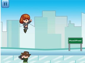 A screenshot from the cheeky Aura of Power video game designed by Edmonton online developers Rocketfuel Games, which depicts a character named Alison spending taxpayer dollars, collecting diamonds, and trying to avoid journalists.