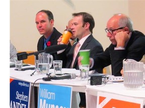 The Edmonton-Whitemud byelection, which was won by PC candidate Stephen Mandel, right, has stirred debate over vote-splitting and whether centre-left parties in Alberta should merge.