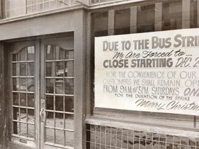 Some small downtown stores had to lay off employees, others drastically reduced operations, like the shop above, to Saturdays-only during Edmonton’s first winter bus strike in 1973.