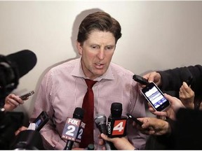 Detroit Red Wings head coach Mike Babcock addresses the media at Joe Louis Arena in Detroit, Tuesday, April 29, 2014. If a contract extension between the Red Wings and Babcock is indeed imminent, it appears to be news to the Detroit head coach. THE CANADIAN PRESS/AP/Carlos Osorio