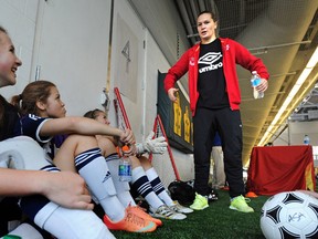 Erin McLeod, Canadian women’s national team goalkeeper and former Alberta Soccer all-star runs a soccer clinic where about 80 lucky high school academy soccer players from St. Francis Xavier and Vimy Ridge met with her at the Commonwealth Field House in Edmonton.