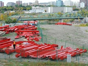 Steel beams sit on a hill at the Walterdale Bridge construction site on Sept. 23, 2014.