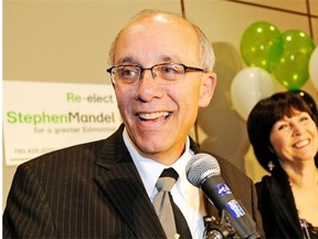 Stephen Mandel celebrates at Sutton Place Hotel after being elected Mayor of Edmonton for a third term on October 18, 2010.
