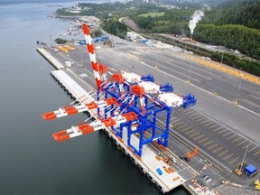 This aerial shot shows cranes on the north end of the Fairview Terminal at Prince Rupert, B.C. Prince Rupert is regarded as probably the safest location for a marine terminal on Canada’s West Coast, writes Mike Priaro.