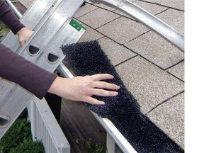GutterStuff foam inserts cab be placed inside building gutters by homeowners. The foam allows water to pass through but debris like leaves and twigs sit on top and can be shaken off.