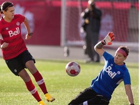 Team Canada’s Christine Sinclair tries to get the ball past goal keeper Erin McLeod during team practice at Commonwealth Stadium on October 23, 2014.