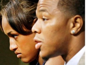 In this May 23, 2014, file photo, Janay Rice, left, looks on as her husband, Baltimore Ravens running back Ray Rice, speaks to the media during a news conference in Owings Mills, Md. The offender-rehabilitation program that Rice entered after knocking Janay unconscious in an Atlantic City elevator earlier this year is rarely used in domestic assault cases.