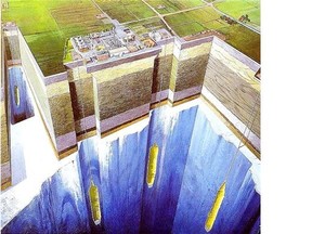 This illustration shows underground storage caverns carved out of salt formations. Water is pumped deep underground to dissolve the salt.  The cavern is then filled with  compressed air using excess wind power. The compressed air is later  used to generate electricity when there’s a need for power. One Alberta company figures it can store enough compressed air to provide power for six days to a city to a city the size of Red Deer.