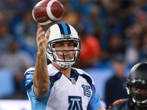 Toronto Argonauts quarterback Ricky Ray throws a pass against the B.C. Lions during a Canadian Football League game at Rogers Centre in Toronto on Aug. 17, 2014.