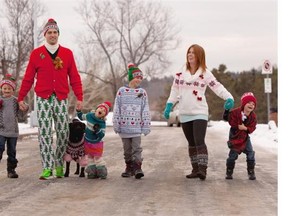 Trevor Soll, who works for MultiSportCanada, organized Edmonton’s first Great Sweater Run where ugly Christmas sweaters are the bomb. Soll models with his family (left to right), Avery, 7, Bell the dog, Adalei, 3, Teyton, 10, wife Cheryl, and Kienan, 5.