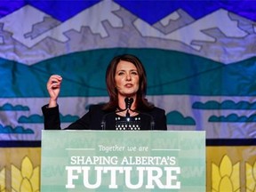 Wildrose Leader Danielle Smith addresses party faithful at their annual meeting in Red Deer on Friday, Nov. 14, 2014. THE CANADIAN PRESS/Jeff McIntosh