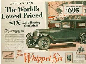 Ad for the Willys Overland Whippet Six automobile published in 1928. A similar vehicle, abandoned on a city street was auctioned off by the city in 1960.