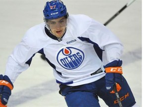 Winger David Perron, shown practising at Rexall Place, still hasn’t scored a goal this season on Friday, Oct. 31, 2014.