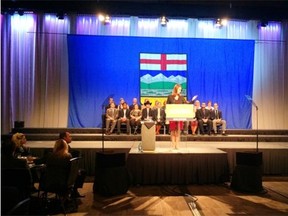 With a collection of fresh, young faces behind her, Wildrose Leader Danielle Smith addresses the Edmonton leader’s dinner Thursday night at Edmonton’s Shaw Conference Centre.