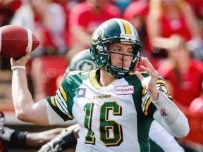 With No. 1 quarterback Mike Reilly on the sidelines with a thumb injury, Eskimos backup quarterback Matt Nichols throws against the Calgary Stampeders at McMahon Stadium on Sept. 1, 2014. The Stamps won 28-13.