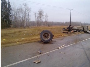 A 35-year-old Edmonton man was killed Wednesday when the dump truck he was driving collided with another gravel truck on Highway 16 near Wabamun.