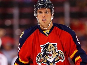 Aaron Ekblad #5 of the Florida Panthers warms up during a game against the Arizona Coyotes at BB&T Center on October 30, 2014 in Sunrise, Florida.