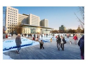 An artist rendition of a now-cancelled skating rink that had been planned as part of the Federal Building renovations. The province quietly killed the feature, which promised “a spectacular view of the legislature,” in April 2013, saving $1 million.