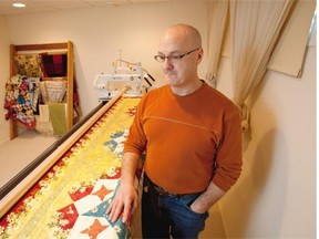 Arthur Peterson had to quit his job to care for his dying wife Heather. Arthur stands beside a quilting machine that he and Heather used to make quilts.
