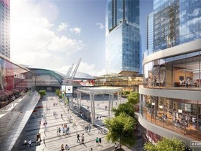 Updated image as of last August of the Edmonton Arena District public plaza where Cineplex Entertainment announced it will open a premium movie theatre in 2018.