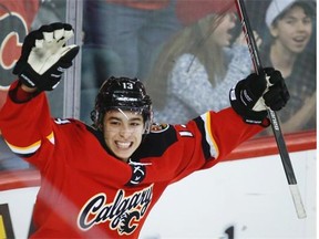 Calgary Flames’ Johnny Gaudreau celebrates his goal during first period NHL hockey action against Edmonton Oilers in Calgary on Dec. 27, 2014.