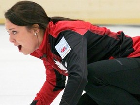 Canada skip Kelsey Rocque shouts instructions during the world junior women’s curling championship’s gold-medal match against South Korea at Flims, Switzerland on March 5, 2014.