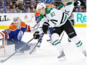 Dallas Stars winger Ales Hemsky is stopped by Edmonton Oilers goalie Ben Scrivens (30) during NHL hockey action on Dec. 21, 2014.