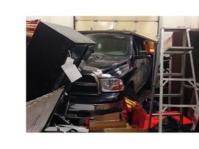 Drayton Valley RCMP released this photo of a pickup truck that was driven into the side of the town’s RCMP detachment early Wednesday.