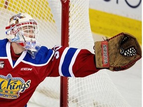 Edmonton Oil Kings goaltender Tristan Jarry makes a save against the Kelowna Rockets in a Western Hockey League game at Rexall Place on Dec. 16, 2014.