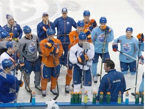 Edmonton Oilers head coach Todd Nelson (bottom right) instructs players during practice at Rexall Place in Edmonton on Jan. 28, 2015.